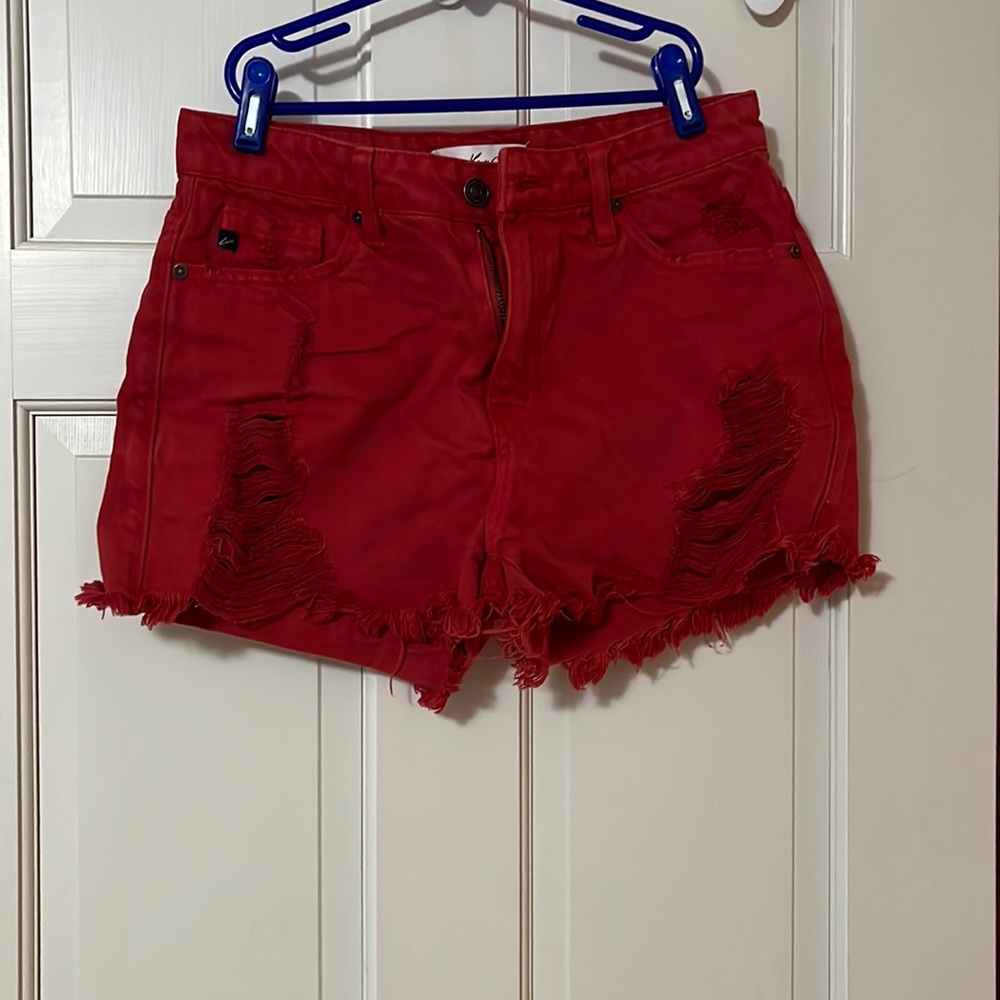 Red distressed KanCan jean shorts